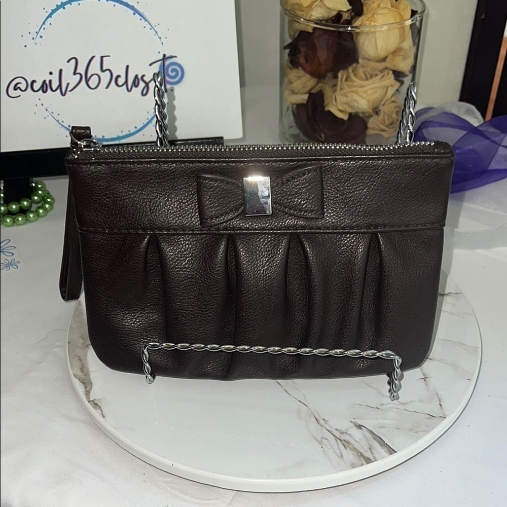 Apt. 9 Brown Leather Clutch with Bow Detail and Wristlet Strap
